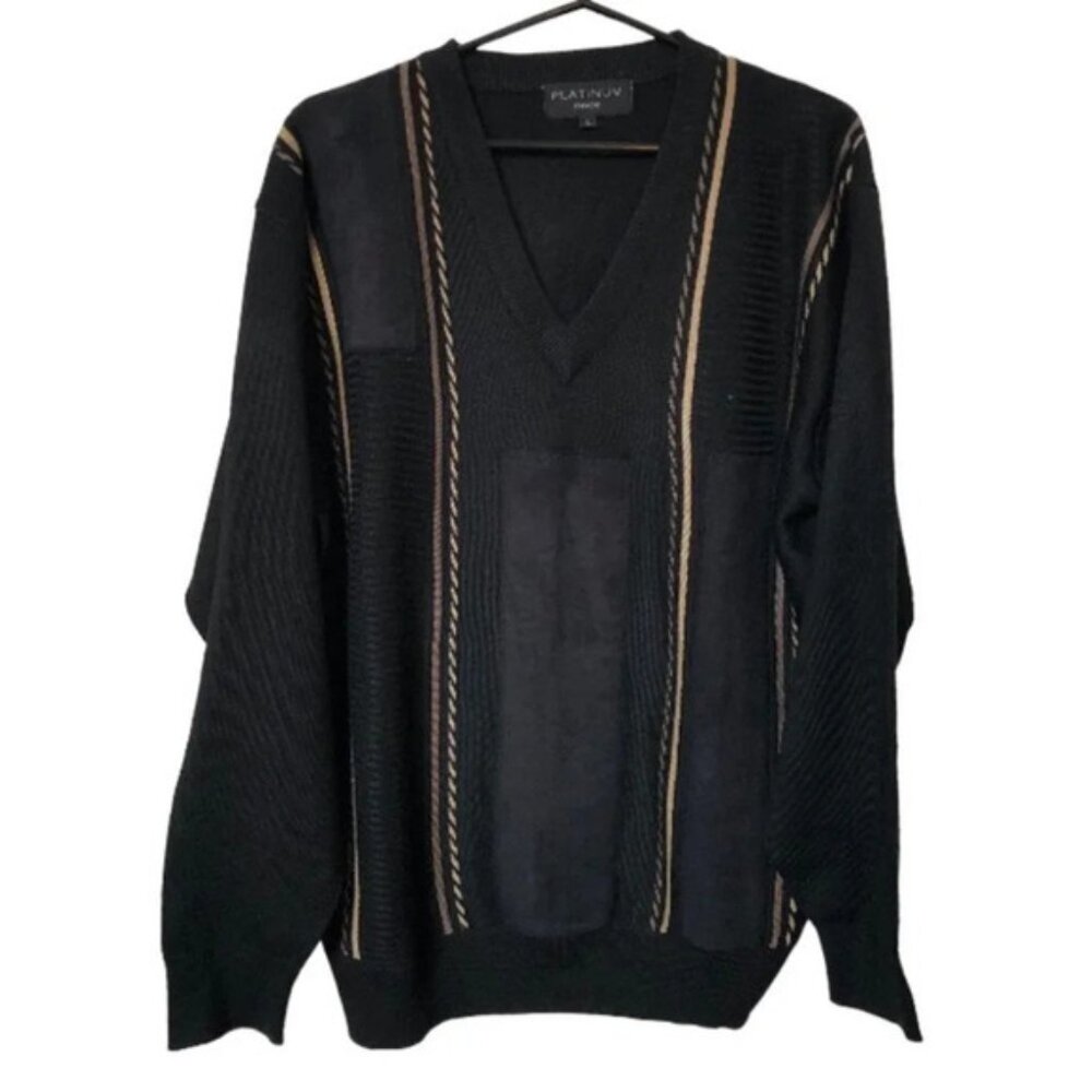 Platinum Mode Mens Grandpa Striped Faux Suede Patchwork Sweater
